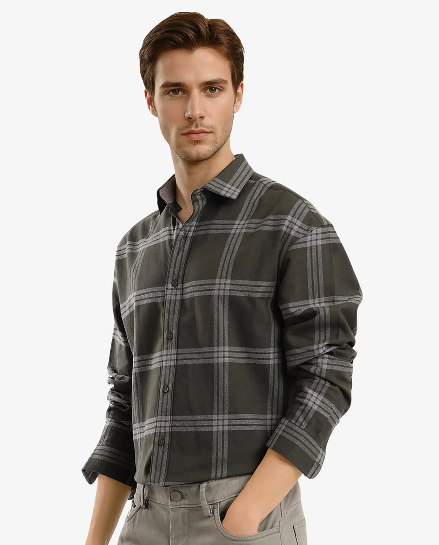 Rare Rabbit Men's Russ Dark Green Cotton Checked Print Regular Fit Full Sleeve Collared Shirt