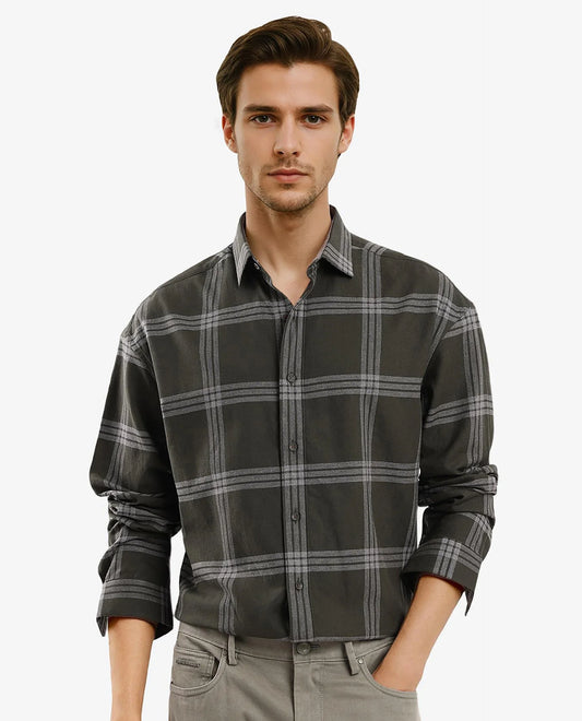 Rare Rabbit Men's Russ Dark Green Cotton Checked Print Regular Fit Full Sleeve Collared Shirt