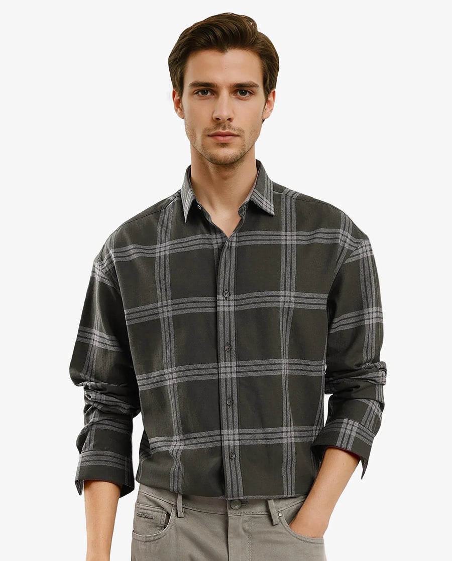 Rare Rabbit Men's Russ Dark Green Cotton Checked Print Regular Fit Full Sleeve Collared Shirt