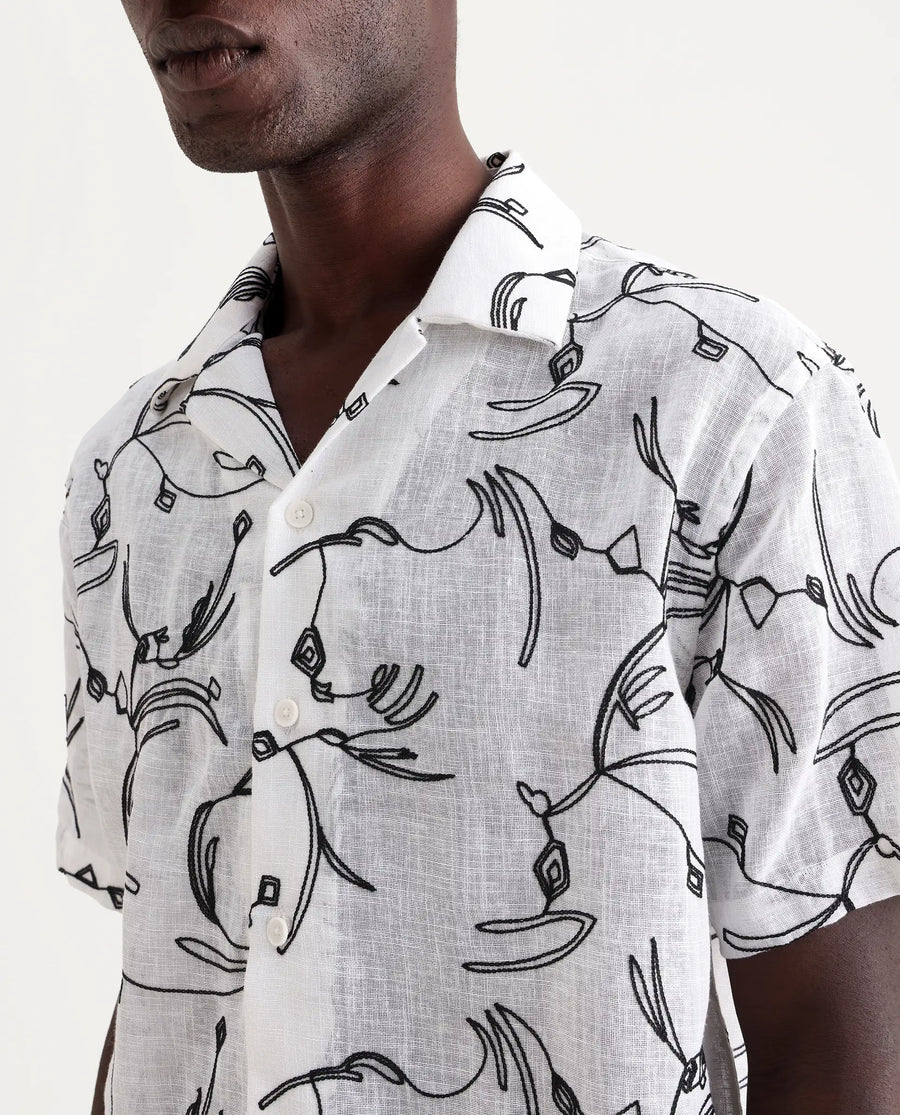 Rare Rabbit Men's Rus White Cotton Embroidered Boxy Fit Half Sleeve Cuban Collar Shirt