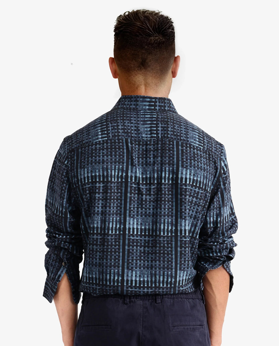 Rare Rabbit Men's Ryba Blue Cotton Geometric Print Regular Fit Full Sleeve Collared Shirt