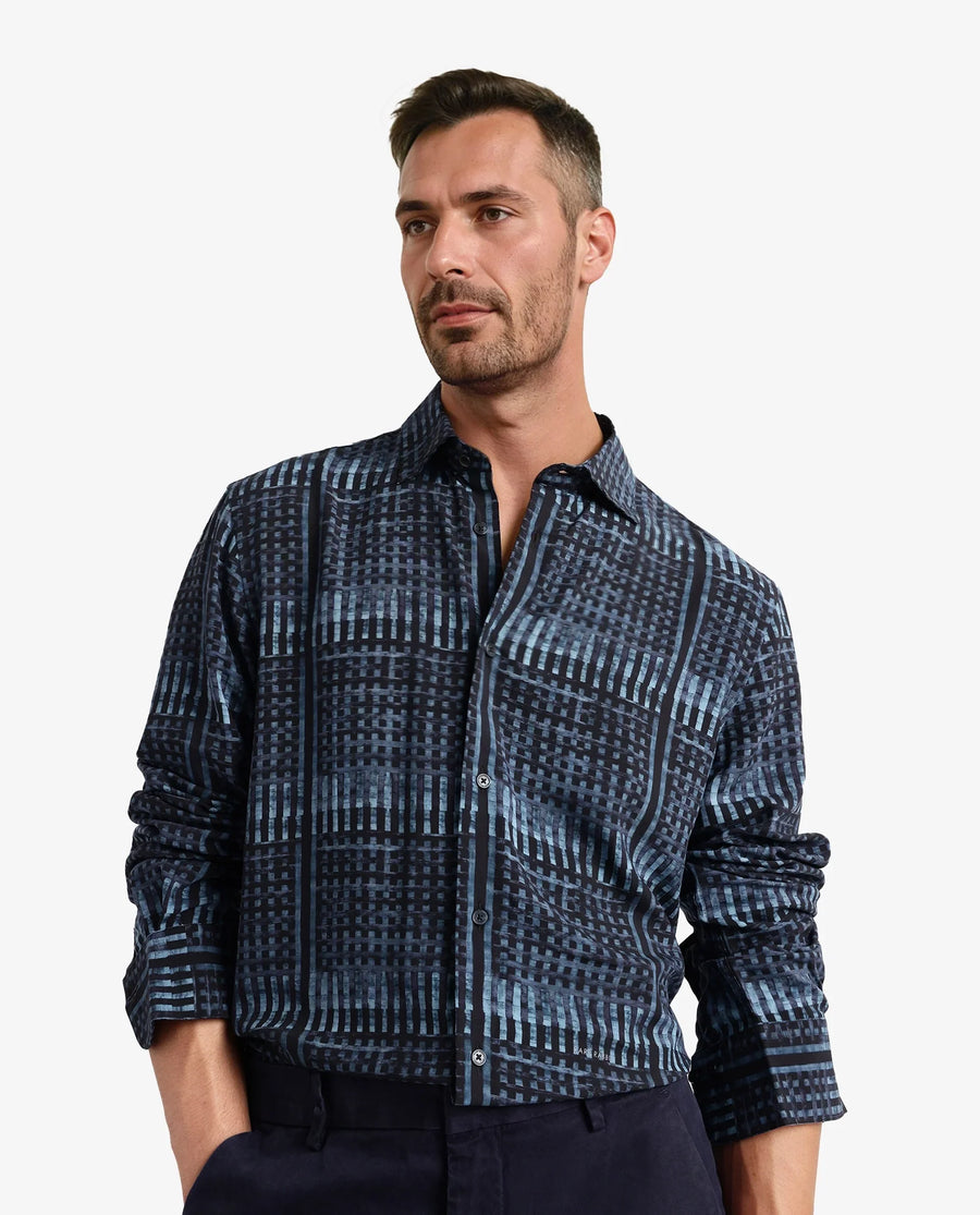 Rare Rabbit Men's Ryba Blue Cotton Geometric Print Regular Fit Full Sleeve Collared Shirt