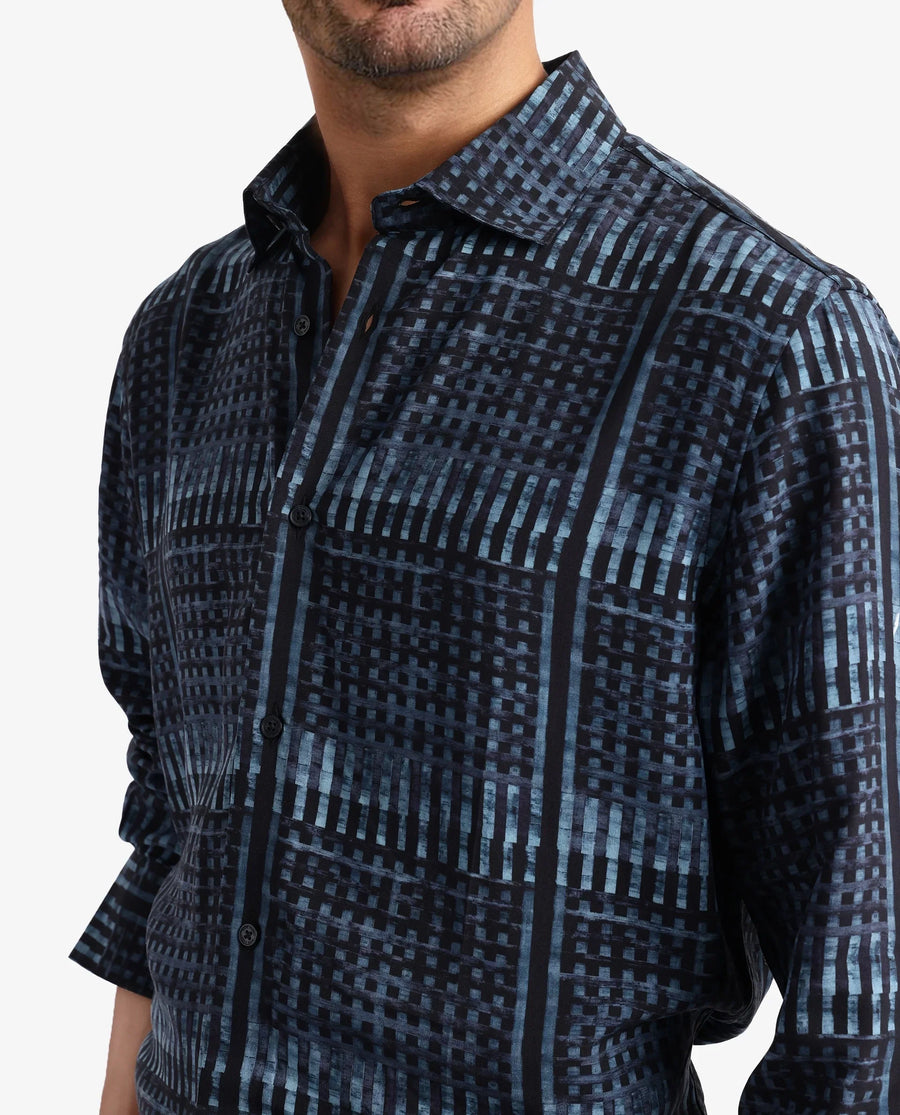 Rare Rabbit Men's Ryba Blue Cotton Geometric Print Regular Fit Full Sleeve Collared Shirt