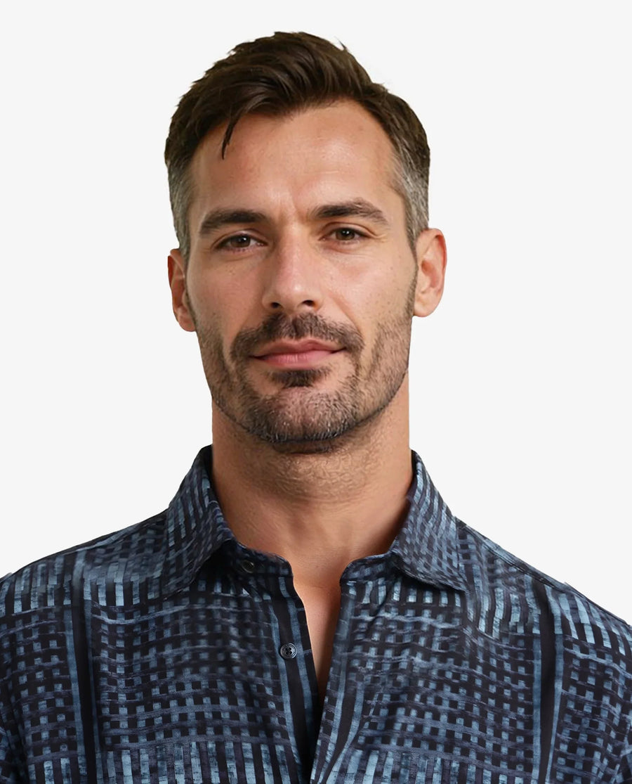 Rare Rabbit Men's Ryba Blue Cotton Geometric Print Regular Fit Full Sleeve Collared Shirt