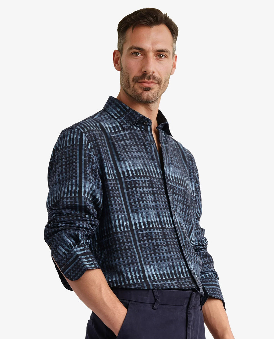 Rare Rabbit Men's Ryba Blue Cotton Geometric Print Regular Fit Full Sleeve Collared Shirt
