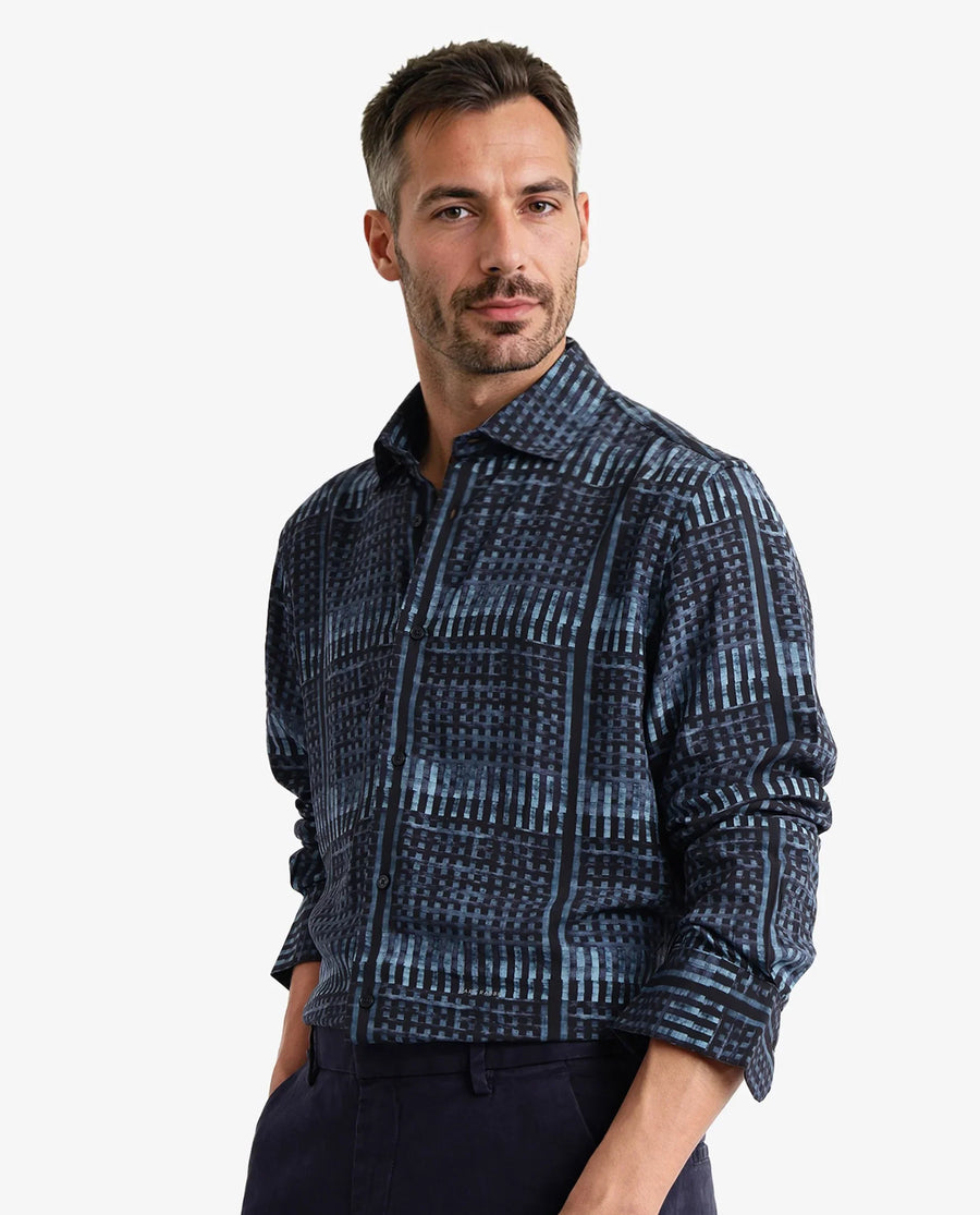 Rare Rabbit Men's Ryba Blue Cotton Geometric Print Regular Fit Full Sleeve Collared Shirt