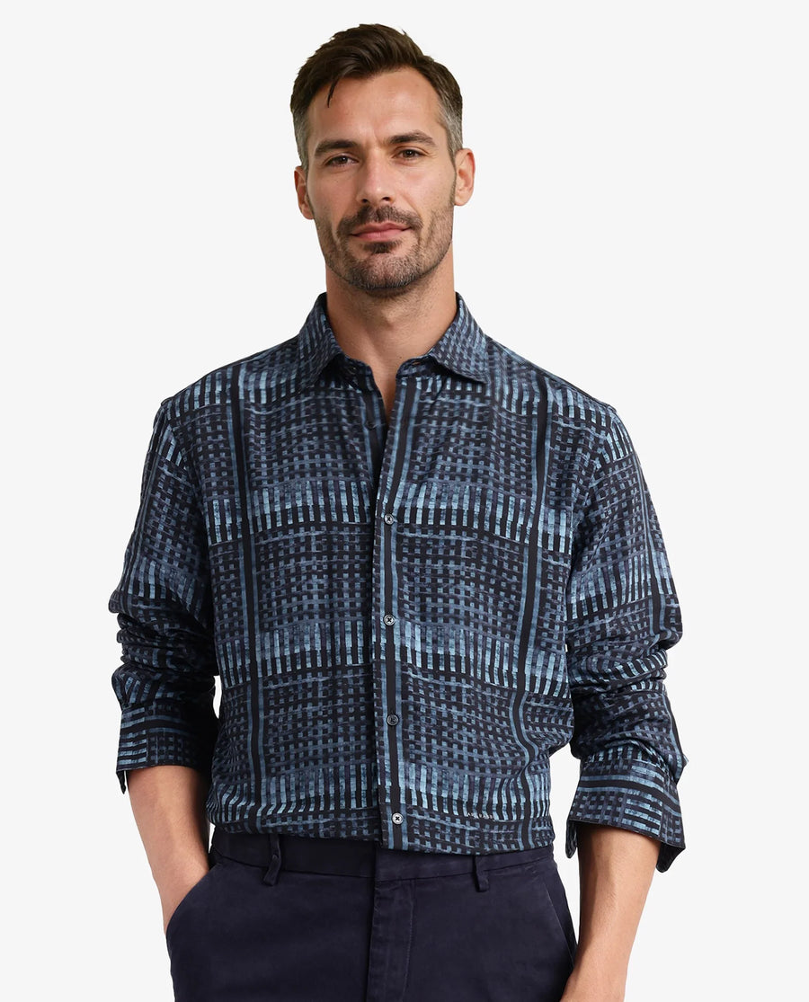 Rare Rabbit Men's Ryba Blue Cotton Geometric Print Regular Fit Full Sleeve Collared Shirt