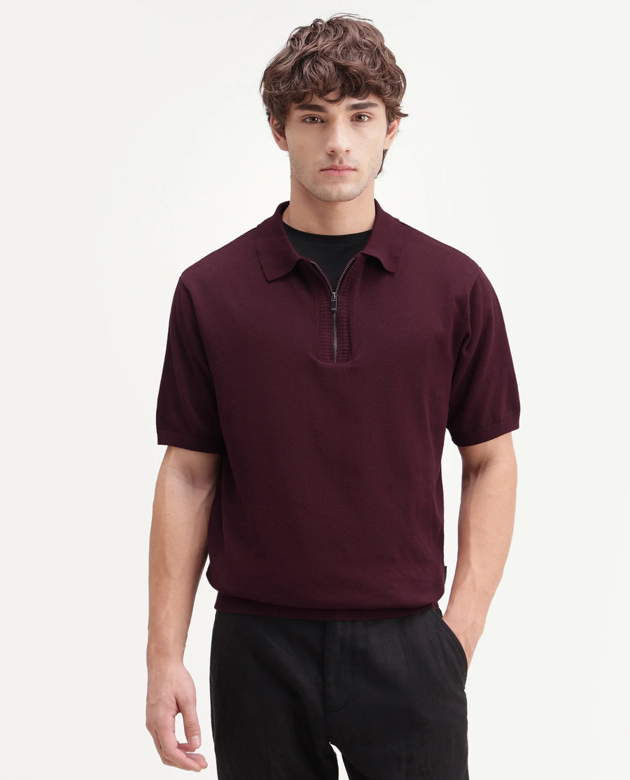 Rare Rabbit Men's Ryd Maroon Cotton Plain Regular Fit Half Sleeve Polo