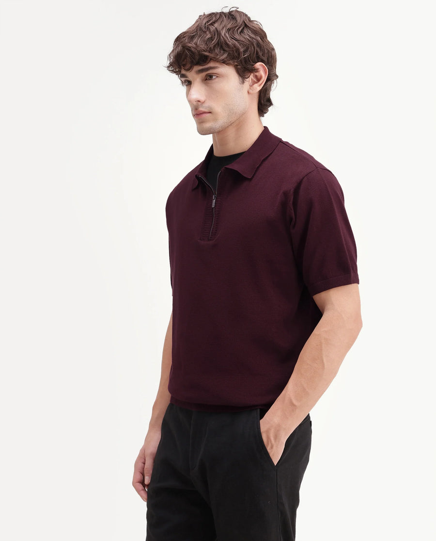 Rare Rabbit Men's Ryd Maroon Cotton Plain Regular Fit Half Sleeve Polo