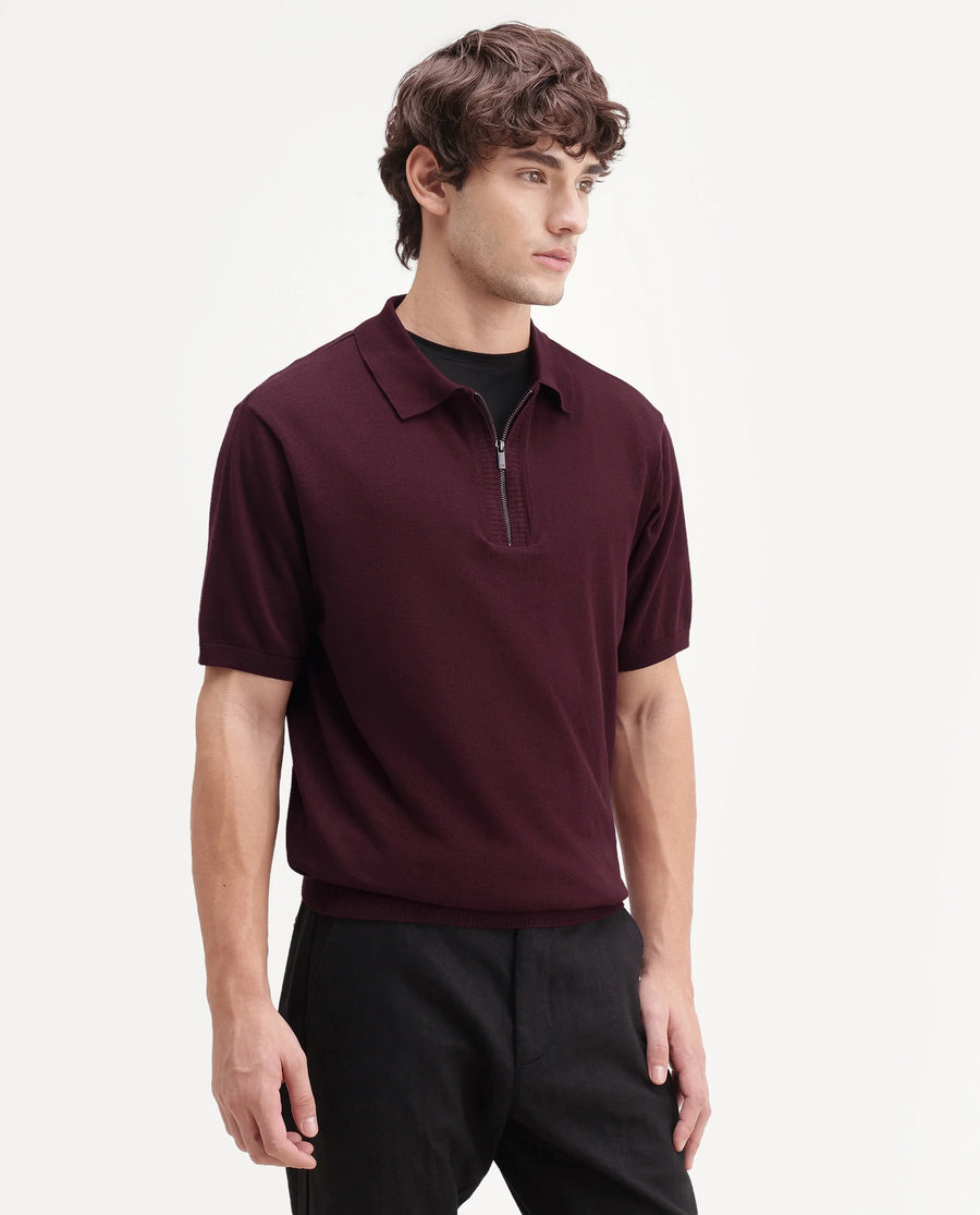 Rare Rabbit Men's Ryd Maroon Cotton Plain Regular Fit Half Sleeve Polo