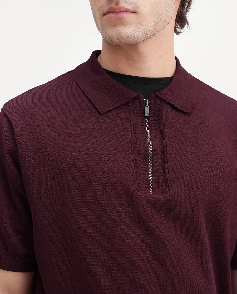 Rare Rabbit Men's Ryd Maroon Cotton Plain Regular Fit Half Sleeve Polo