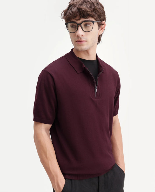 Rare Rabbit Men's Ryd Maroon Cotton Plain Regular Fit Half Sleeve Polo