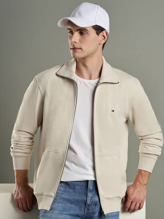 Tommy Hilfiger Men Mock Collar Pure Cotton Solid Casual Bomber Jacket