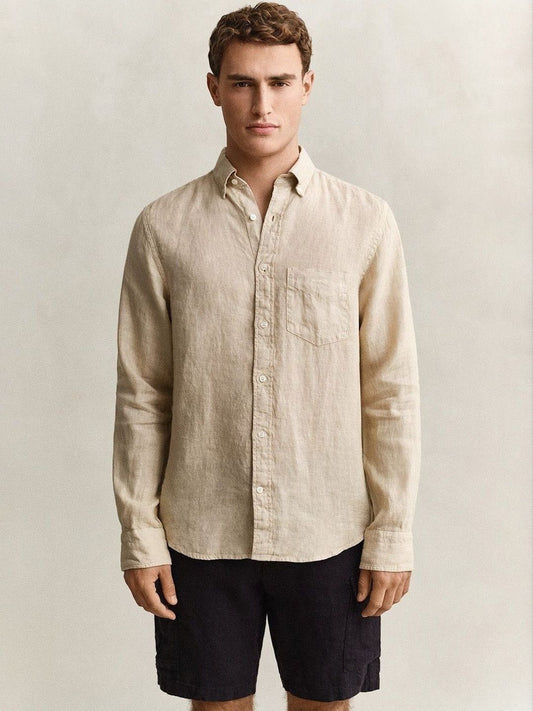 Gant Men Beige Solid Regular Fit Pure Linen Shirt