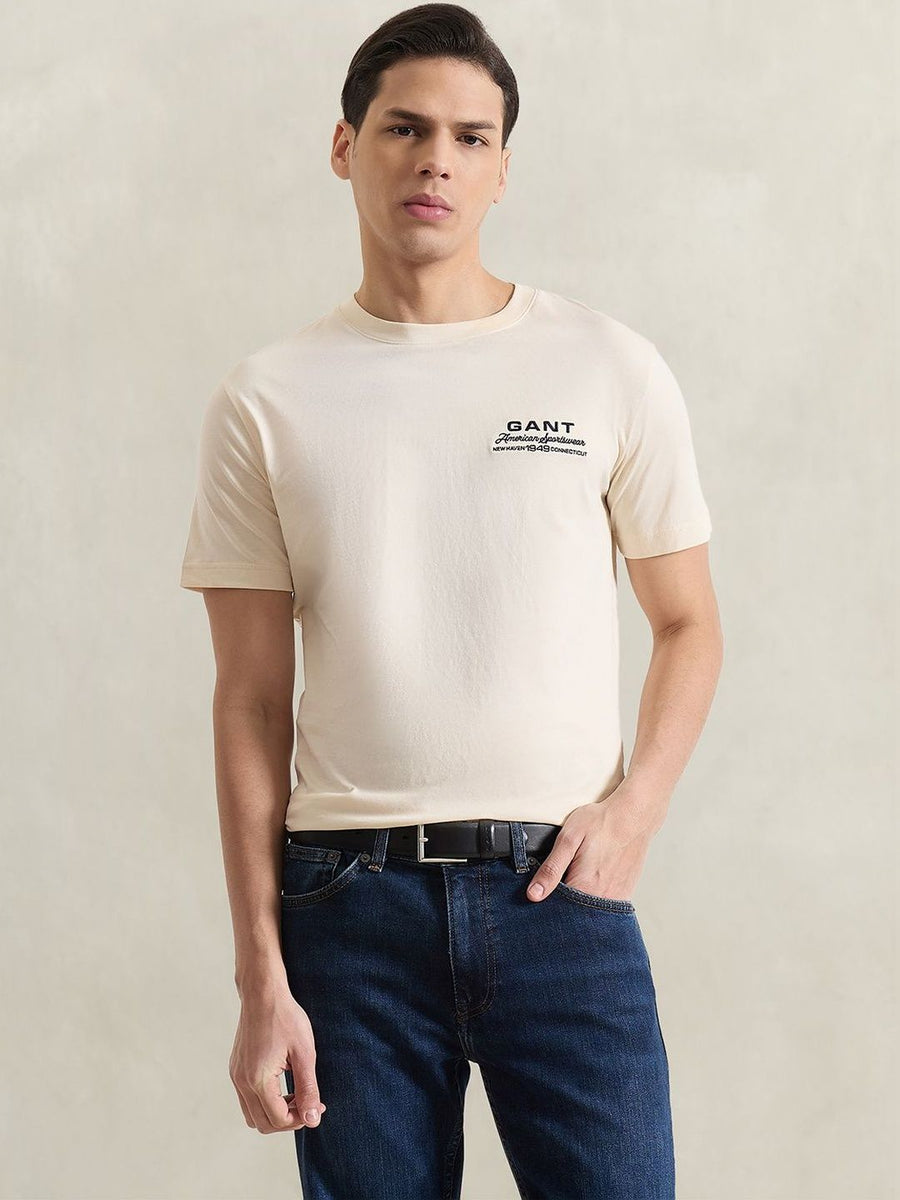 Gant Men Cream Solid Regular Fit Pure Cotton T-Shirt