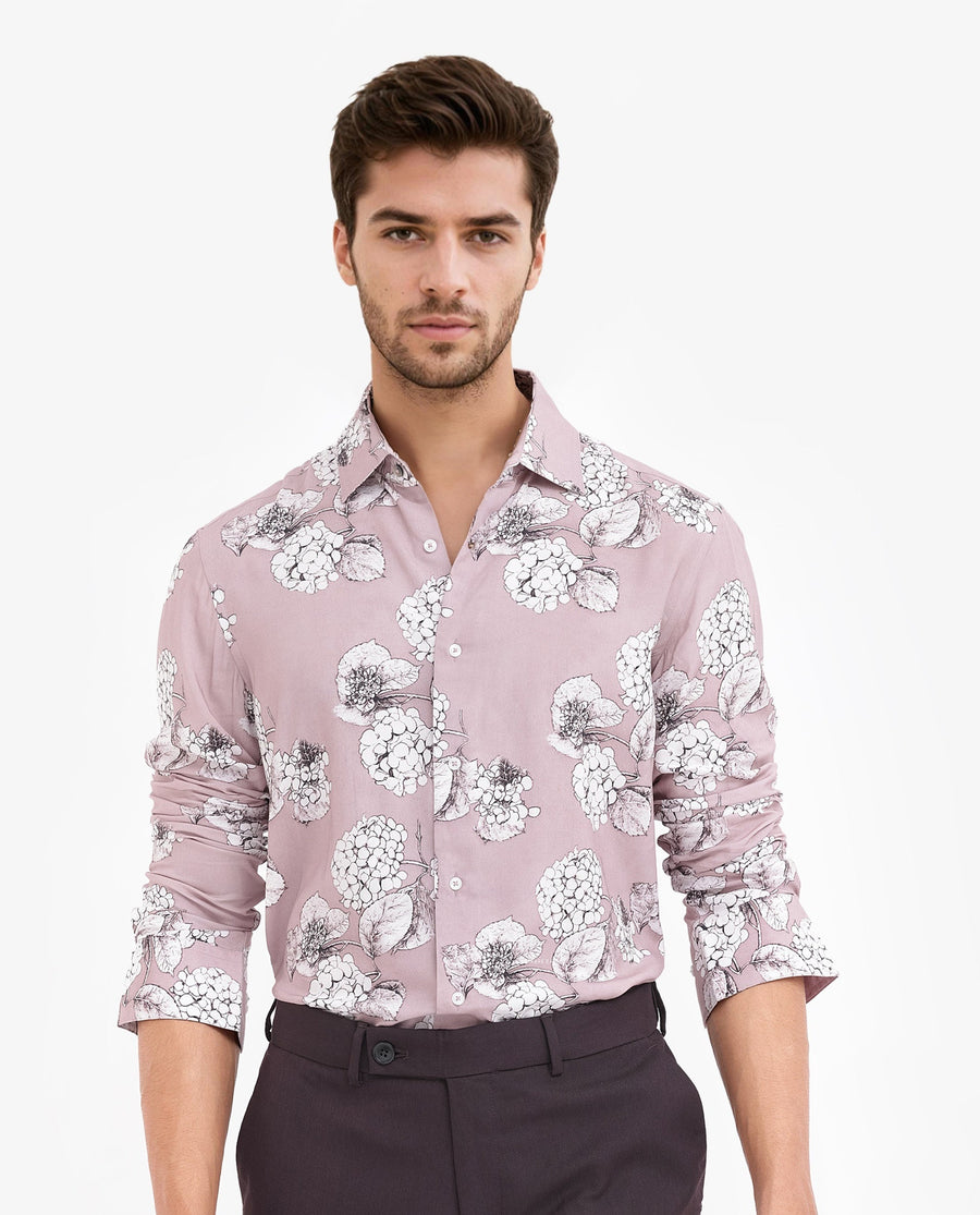 Rare Rabbit Men's Sakon Dusky Pink Viscose Floral Print Regular Fit Full Sleeve Collared Shirt
