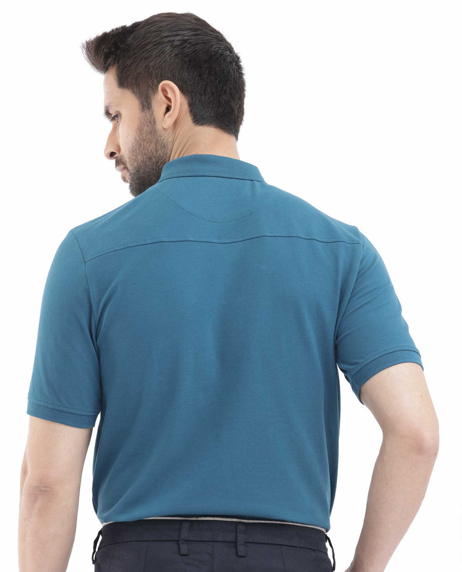 Rare Rabbit Men's Salis2 Teal Cotton Plain Regular Fit Half Sleeve Polo