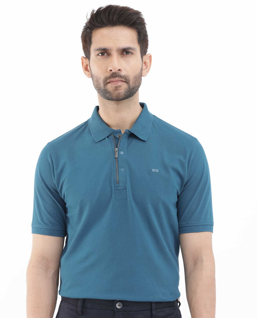 Rare Rabbit Men's Salis2 Teal Cotton Plain Regular Fit Half Sleeve Polo