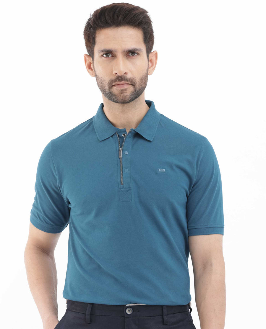 Rare Rabbit Men's Salis2 Teal Cotton Plain Regular Fit Half Sleeve Polo