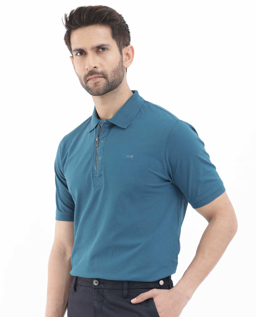 Rare Rabbit Men's Salis2 Teal Cotton Plain Regular Fit Half Sleeve Polo
