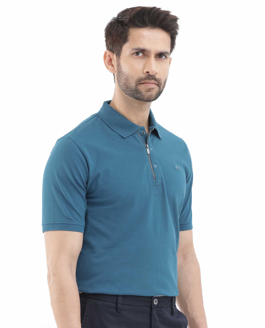 Rare Rabbit Men's Salis2 Teal Cotton Plain Regular Fit Half Sleeve Polo