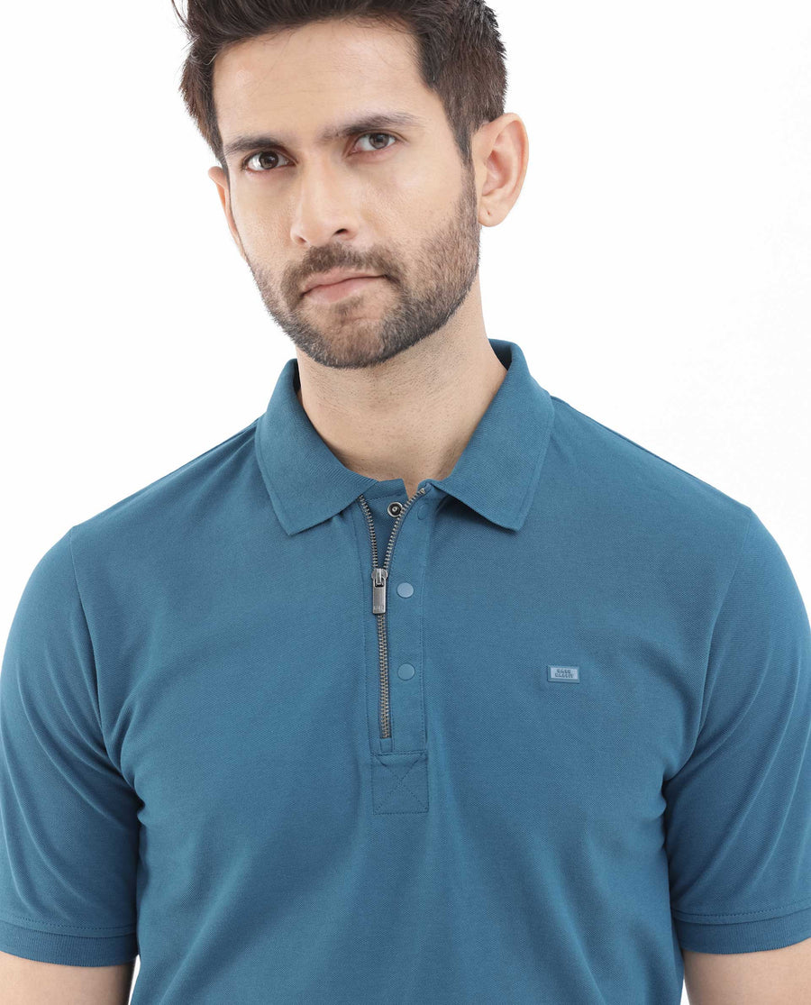 Rare Rabbit Men's Salis2 Teal Cotton Plain Regular Fit Half Sleeve Polo