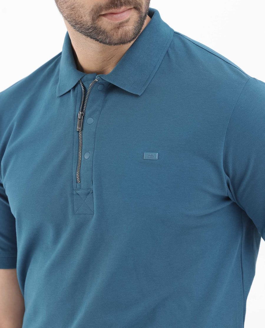 Rare Rabbit Men's Salis2 Teal Cotton Plain Regular Fit Half Sleeve Polo