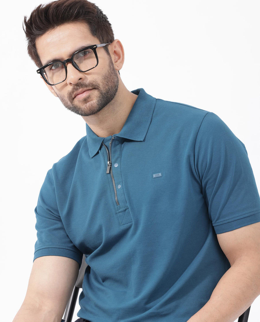 Rare Rabbit Men's Salis2 Teal Cotton Plain Regular Fit Half Sleeve Polo