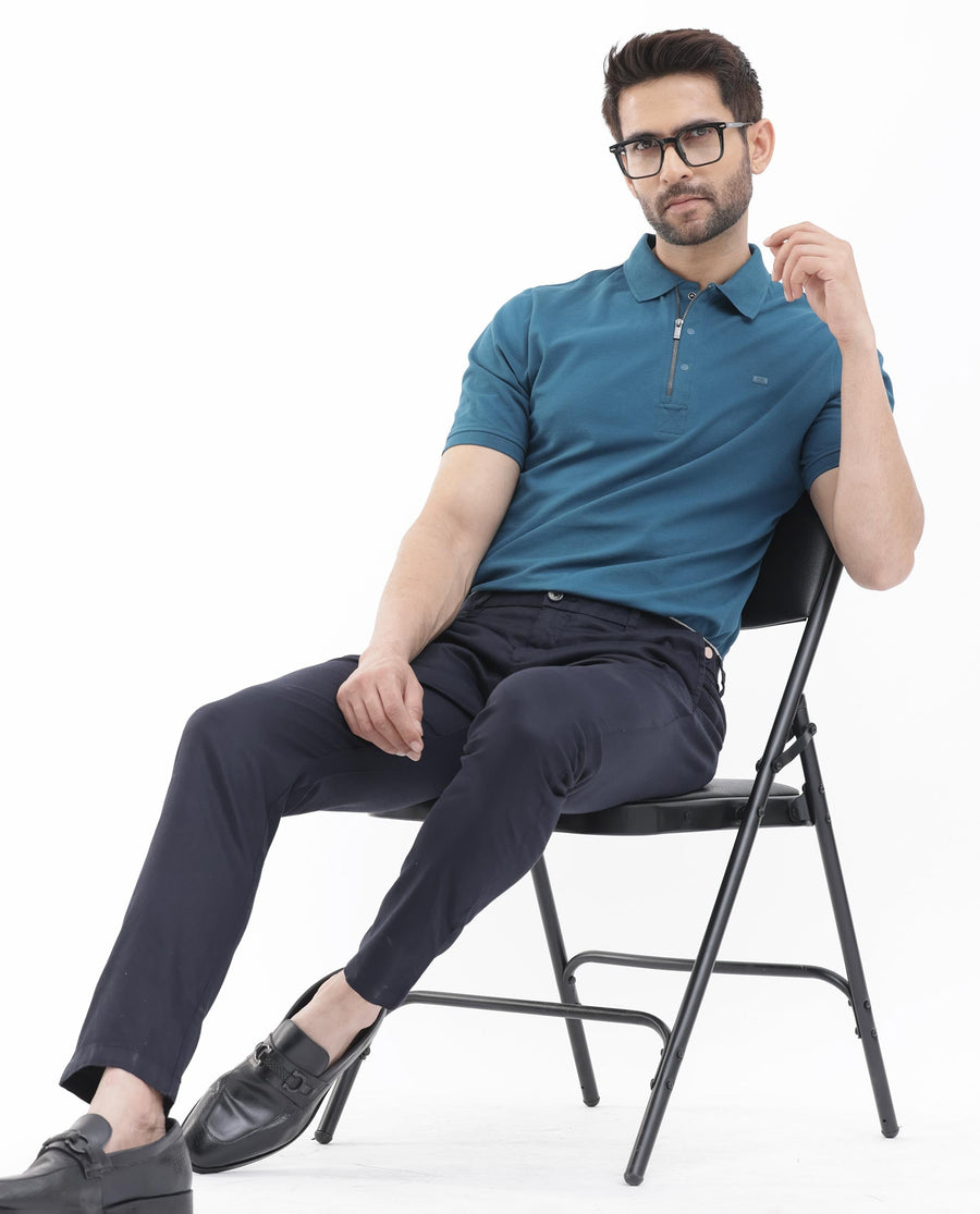 Rare Rabbit Men's Salis2 Teal Cotton Plain Regular Fit Half Sleeve Polo