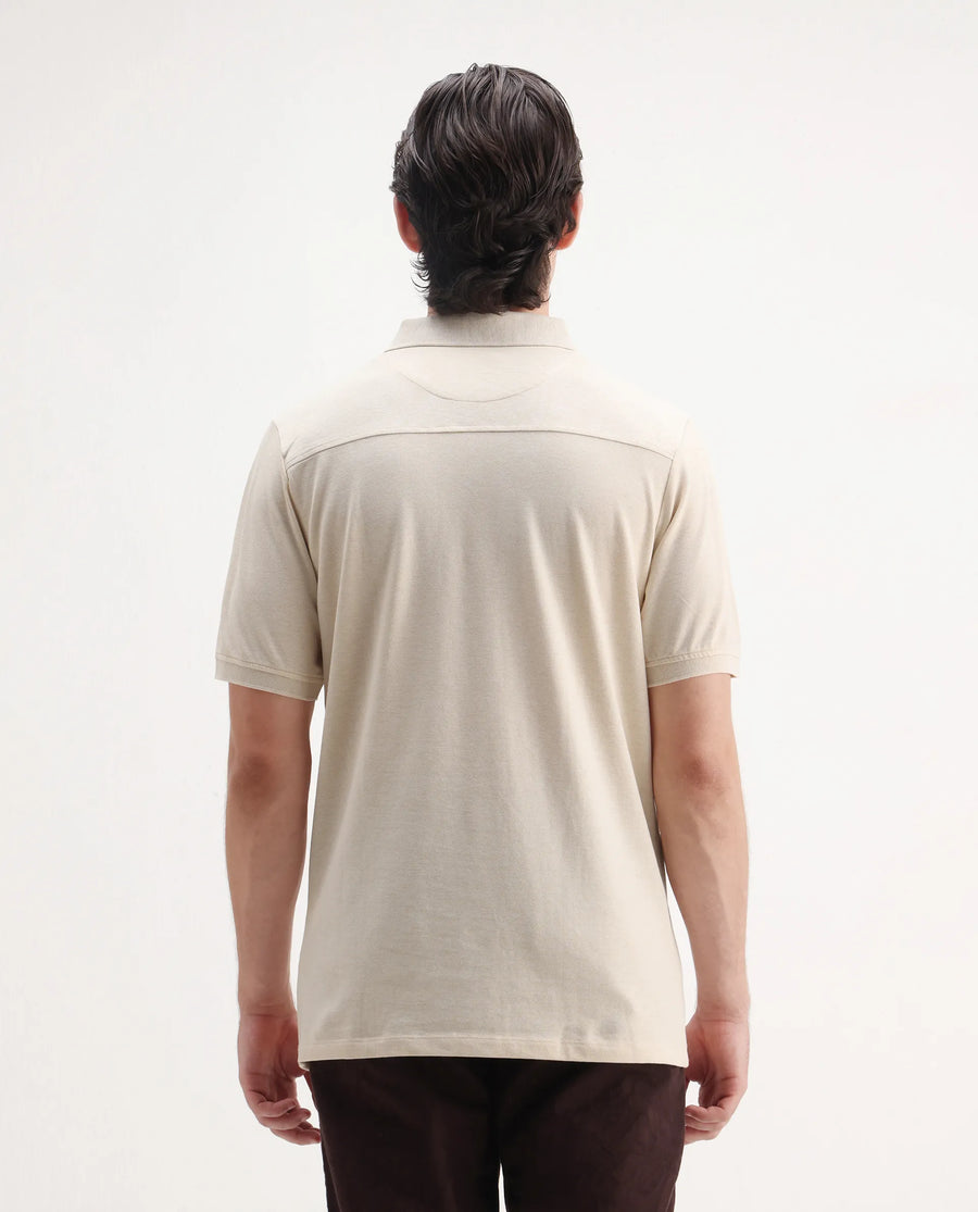 Rare Rabbit Men's Salis Mel Beige Cotton Blend Plain Regular Fit Half Sleeve Polo