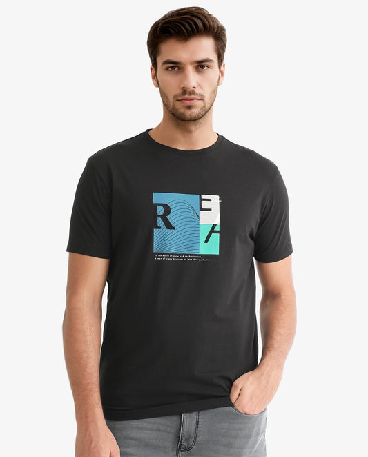 Rare Rabbit Men's Salta Black Cotton Graphic Print Slim Fit Half Sleeve Crew Neck T-Shirt