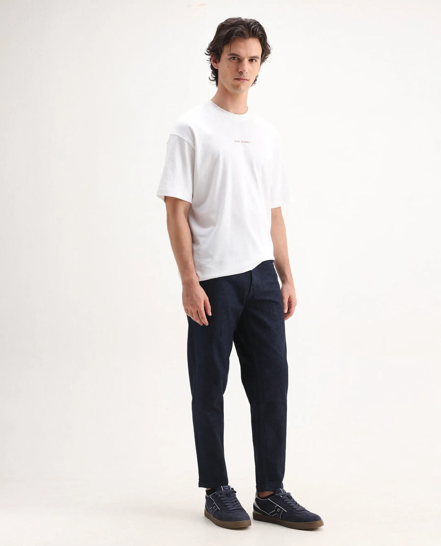 Rare Rabbit Men's Sam Dark Blue Cotton Plain Kurt Carrot Fit Jeans