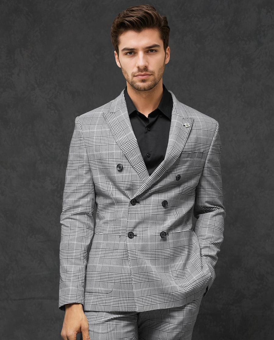 Rare Rabbit Men's Savyy Grey Polyester Checked Print Tailored Fit Full Sleeve Lapel Neck Suits