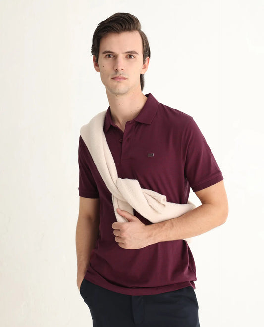 Rare Rabbit Men's Schop Light Maroon Cotton Plain Regular Fit Half Sleeve Polo