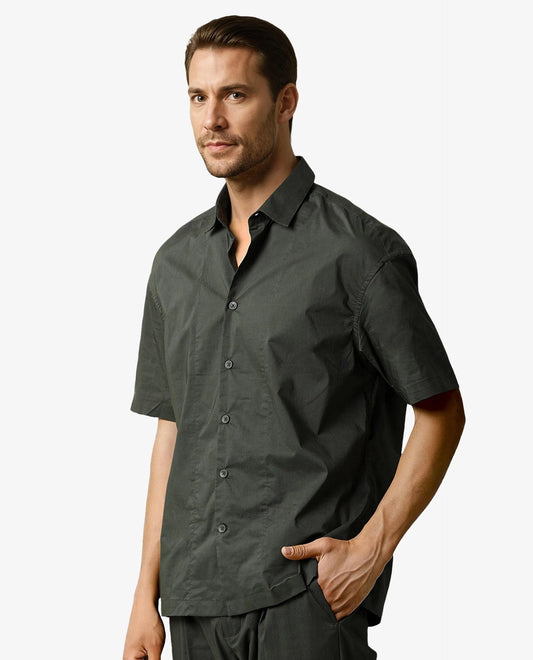 Rare Rabbit Men's Shibuya Olive Cotton Plain Regular Fit Half Sleeve Collared Shirt