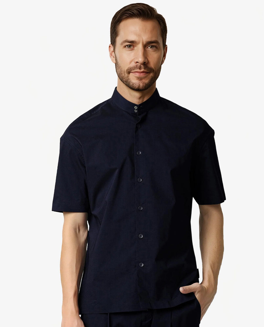 Rare Rabbit Men's Shiro Navy Cotton Plain Regular Fit Half Sleeve Mandarin Collar Shirt
