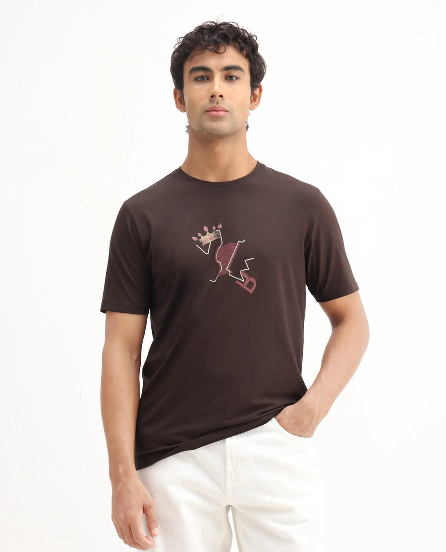 Rare Rabbit Men's Shone Dark Brown Cotton Blend Graphic Print Regular Fit Half Sleeve Crew Neck T-Shirt