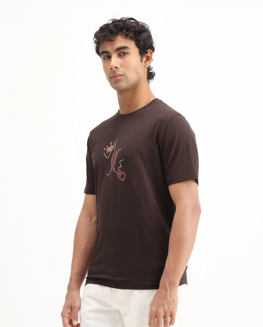 Rare Rabbit Men's Shone Dark Brown Cotton Blend Graphic Print Regular Fit Half Sleeve Crew Neck T-Shirt