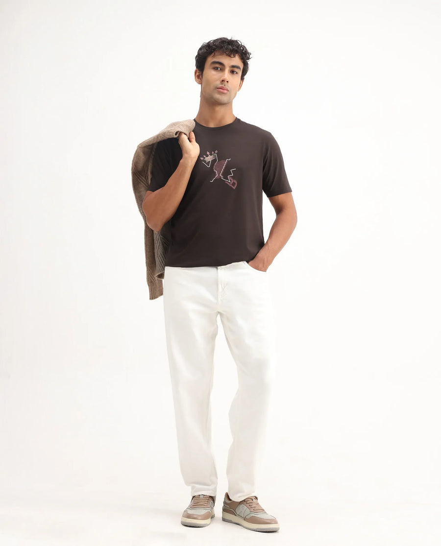 Rare Rabbit Men's Shone Dark Brown Cotton Blend Graphic Print Regular Fit Half Sleeve Crew Neck T-Shirt
