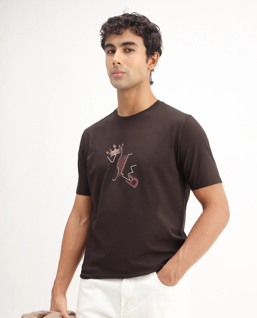 Rare Rabbit Men's Shone Dark Brown Cotton Blend Graphic Print Regular Fit Half Sleeve Crew Neck T-Shirt