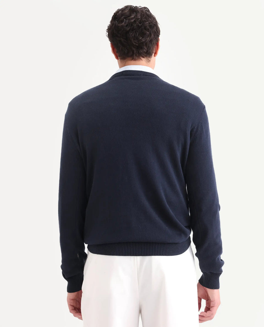 Rare Rabbit Men's Since Navy Cotton Jacquard Relaxed Fit Full Sleeve Crew Neck Sweater
