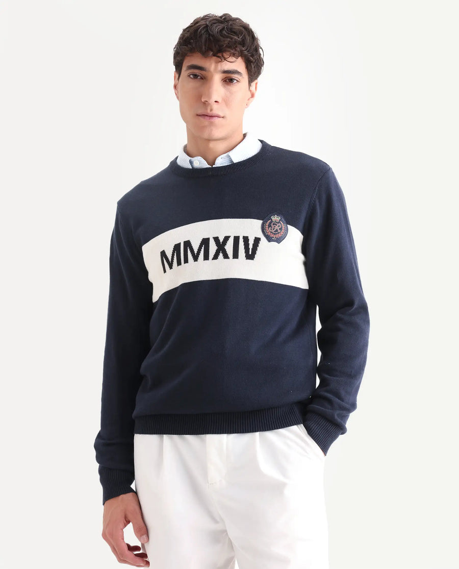 Rare Rabbit Men's Since Navy Cotton Jacquard Relaxed Fit Full Sleeve Crew Neck Sweater