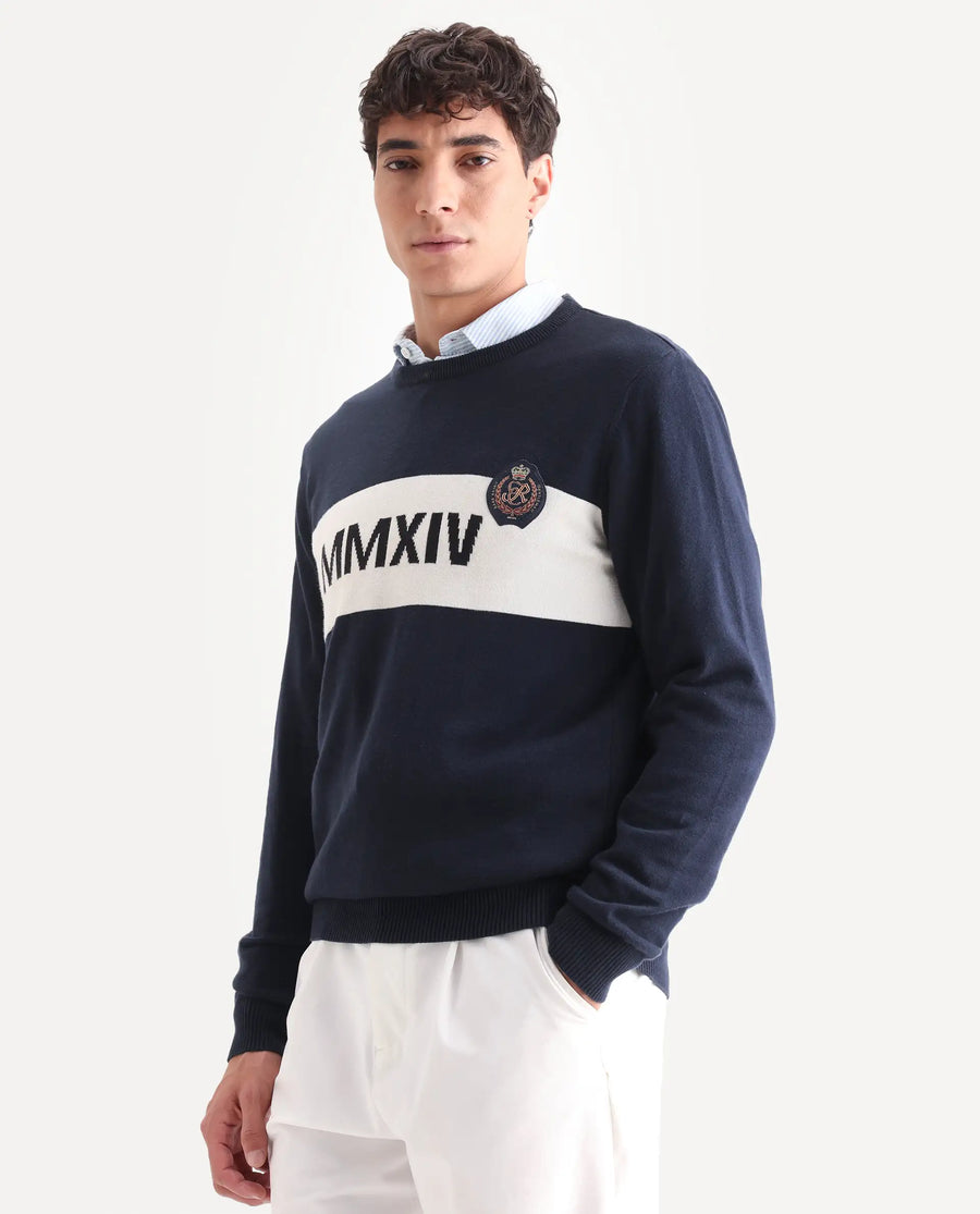 Rare Rabbit Men's Since Navy Cotton Jacquard Relaxed Fit Full Sleeve Crew Neck Sweater