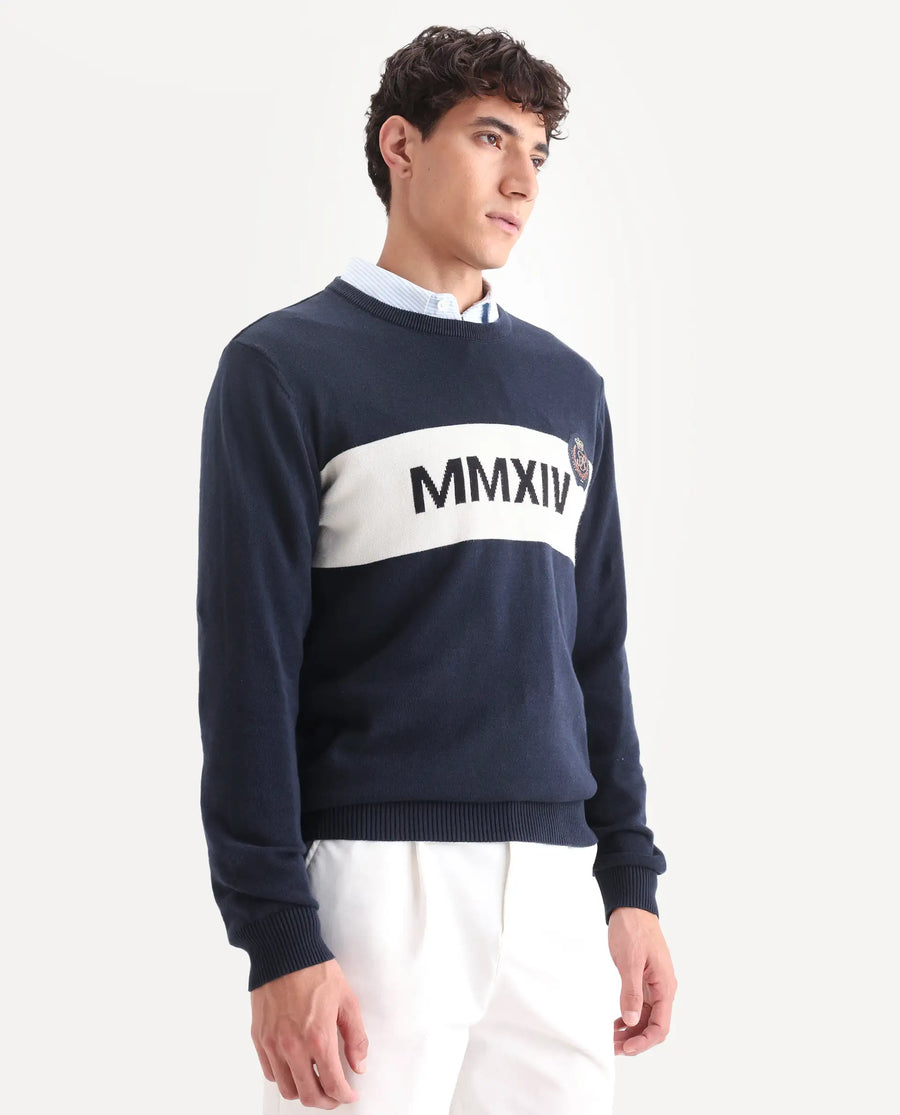 Rare Rabbit Men's Since Navy Cotton Jacquard Relaxed Fit Full Sleeve Crew Neck Sweater