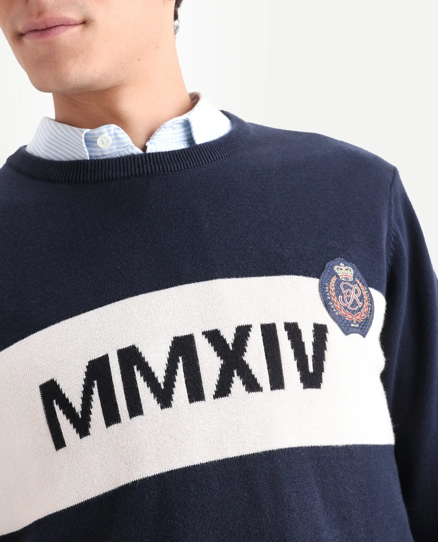 Rare Rabbit Men's Since Navy Cotton Jacquard Relaxed Fit Full Sleeve Crew Neck Sweater