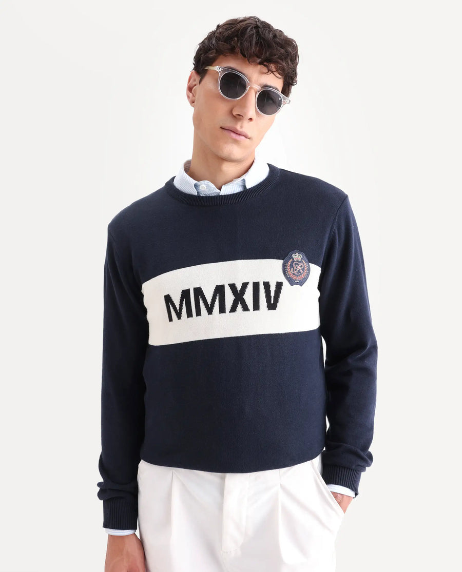 Rare Rabbit Men's Since Navy Cotton Jacquard Relaxed Fit Full Sleeve Crew Neck Sweater
