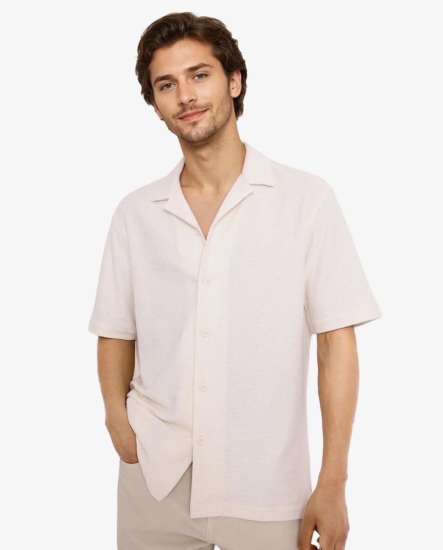 Rare Rabbit Men's Site Ss Off White Cotton Plain Boxy Fit Half Sleeve Cuban Collar Shirt