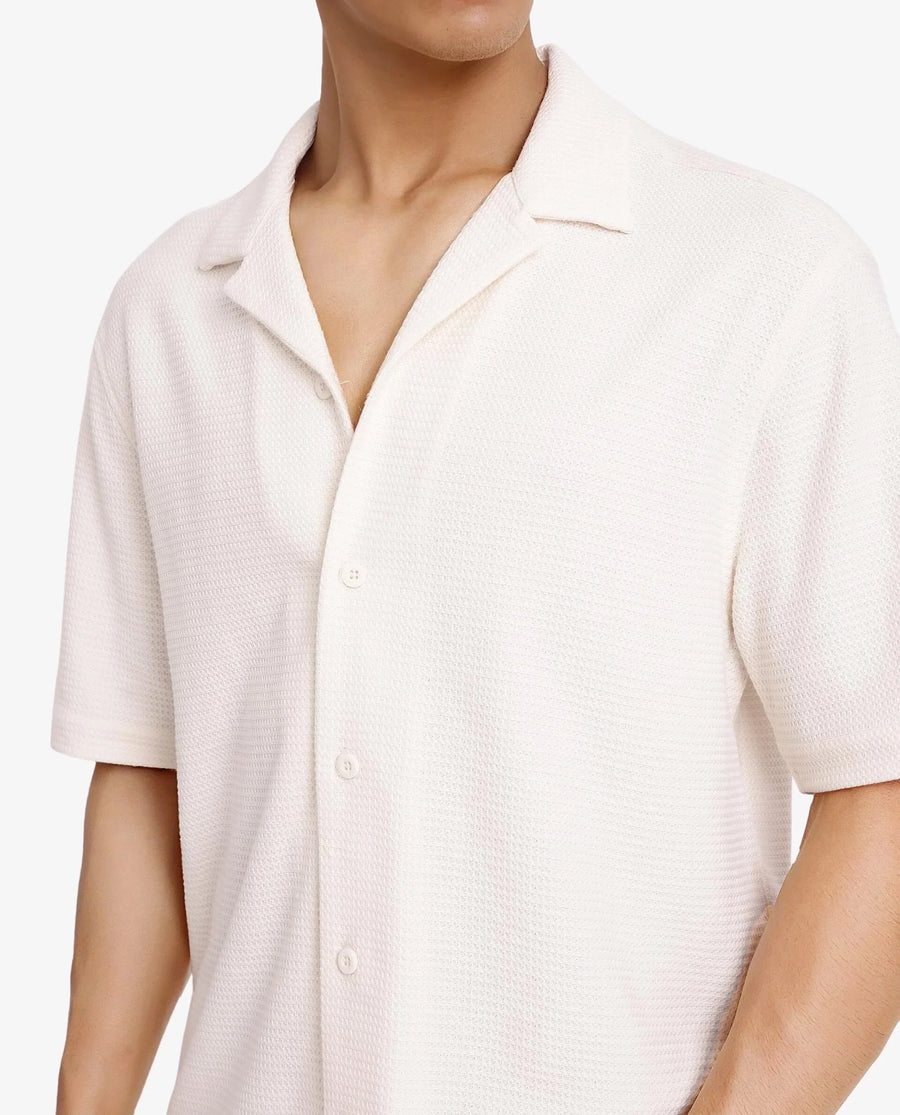 Rare Rabbit Men's Site Ss Off White Cotton Plain Boxy Fit Half Sleeve Cuban Collar Shirt