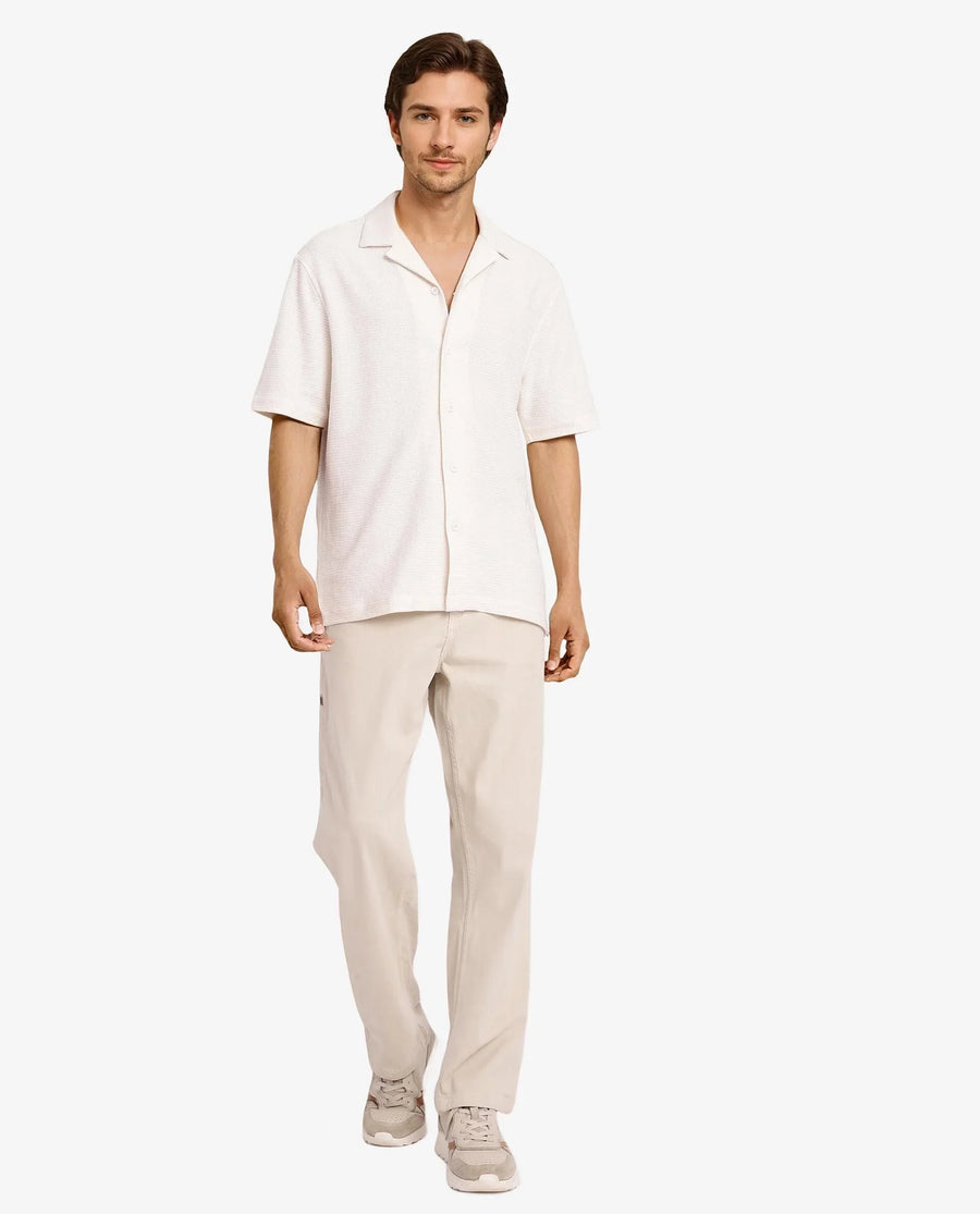 Rare Rabbit Men's Site Ss Off White Cotton Plain Boxy Fit Half Sleeve Cuban Collar Shirt