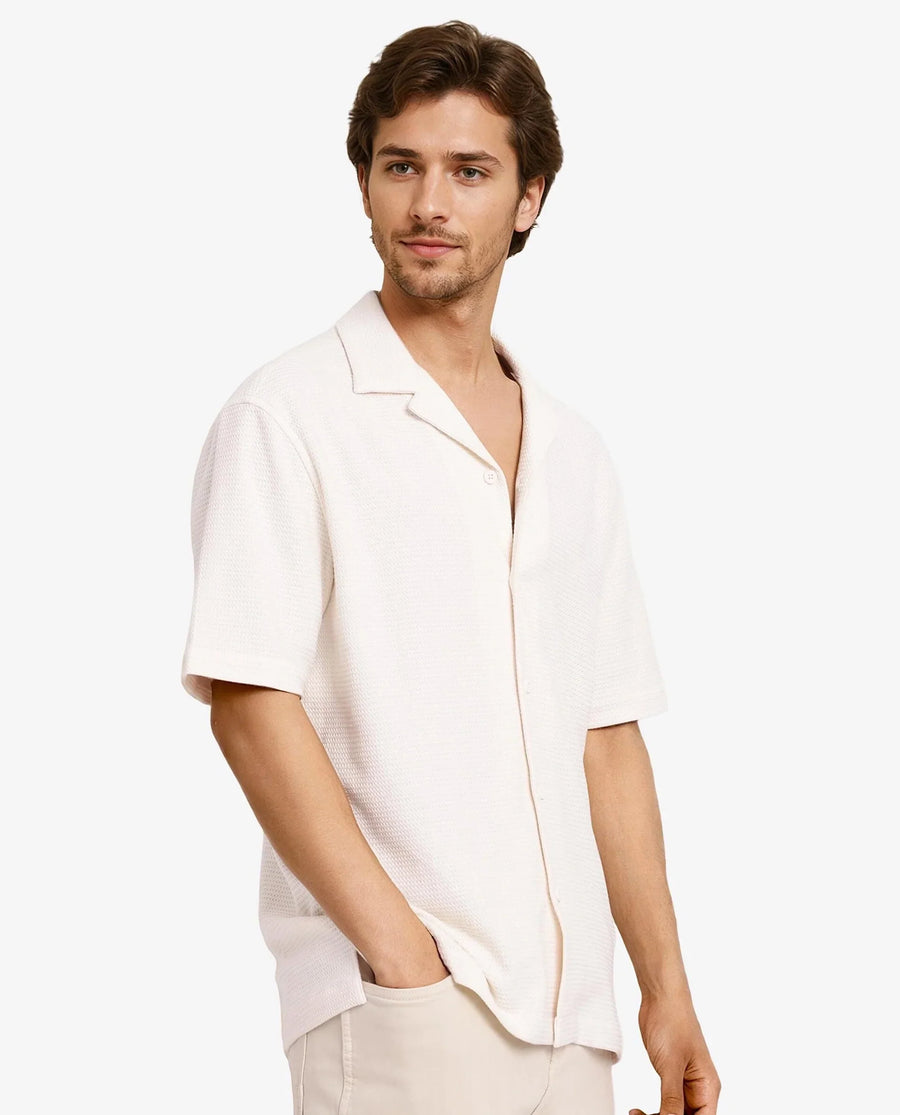 Rare Rabbit Men's Site Ss Off White Cotton Plain Boxy Fit Half Sleeve Cuban Collar Shirt